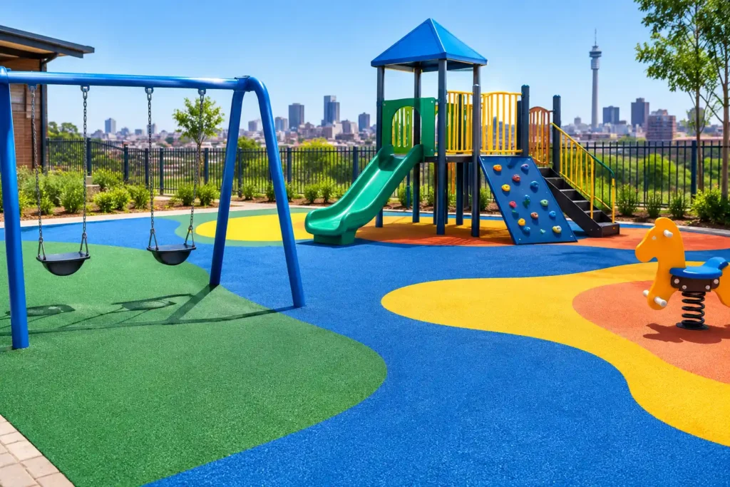 Wetpour rubber playground cost Johannesburg: coloured safety surface under a school climbing frame